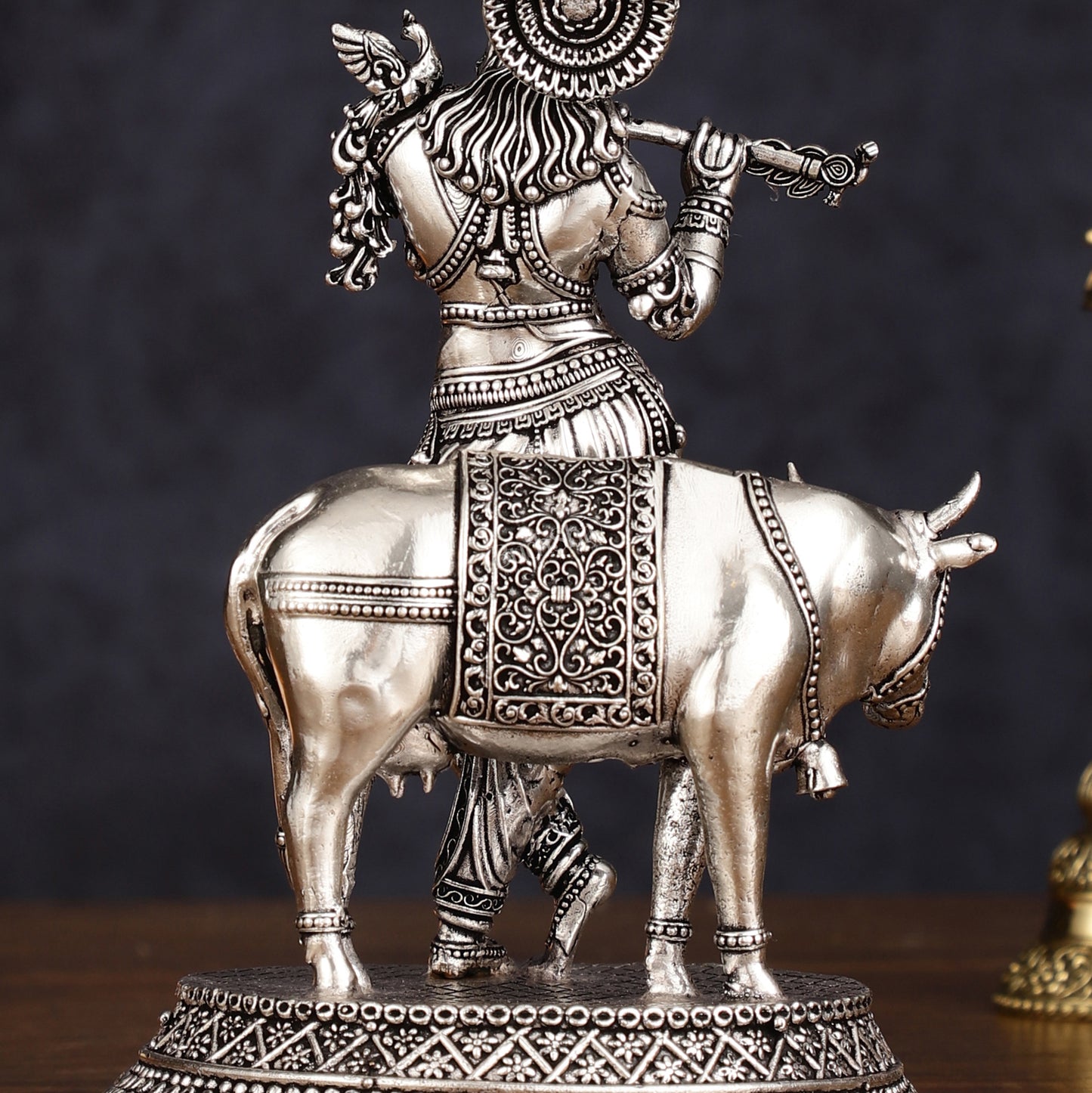 Superfine brass Silver plated Intricate Krishna with Cow Statue - 7"