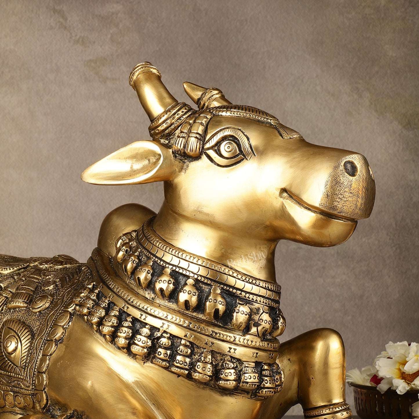 Pure Brass Superfine Nandi Statue with Enhanced Carvings - 16"