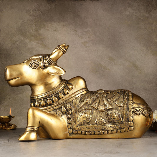 Pure Brass Superfine Nandi Statue with Enhanced Carvings - 16"