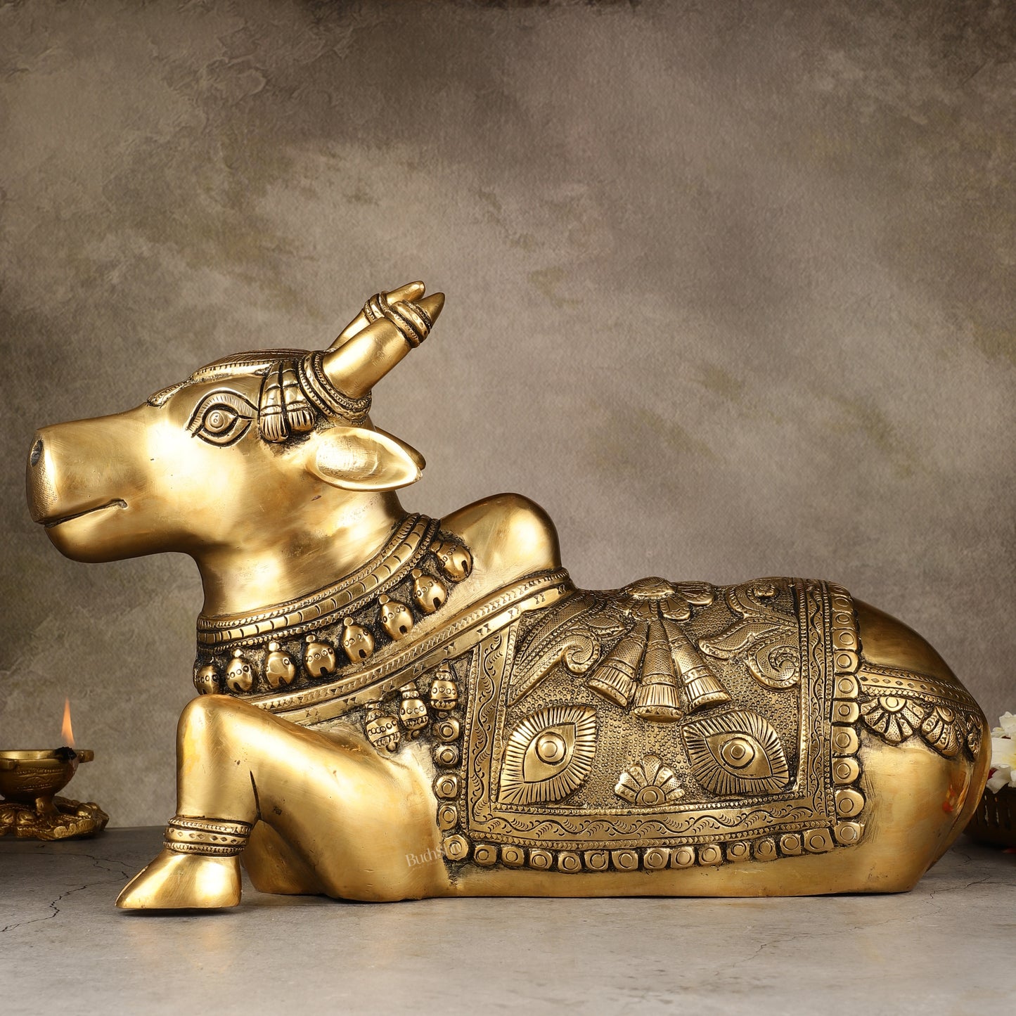 Pure Brass Superfine Nandi Statue with Enhanced Carvings - 16"