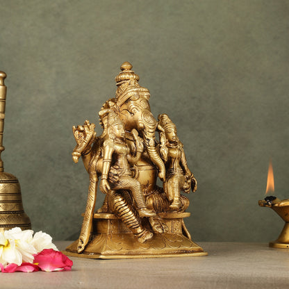 Divine Pure Brass Lord Ganesha Statue with Riddhi and Siddhi | 7"