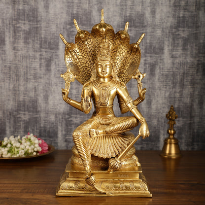 Pure Brass Lord Vishnu Sitting Under Sheshanaaga Throne | 11 Inch