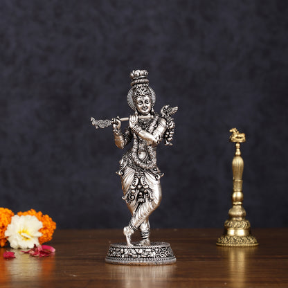 Intricate Silver plated Pure Brass Lord Krishna Statue - 7.5"