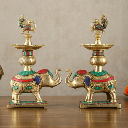 Brass Superfine Elephants pair with peacock lamps 11" meenakari