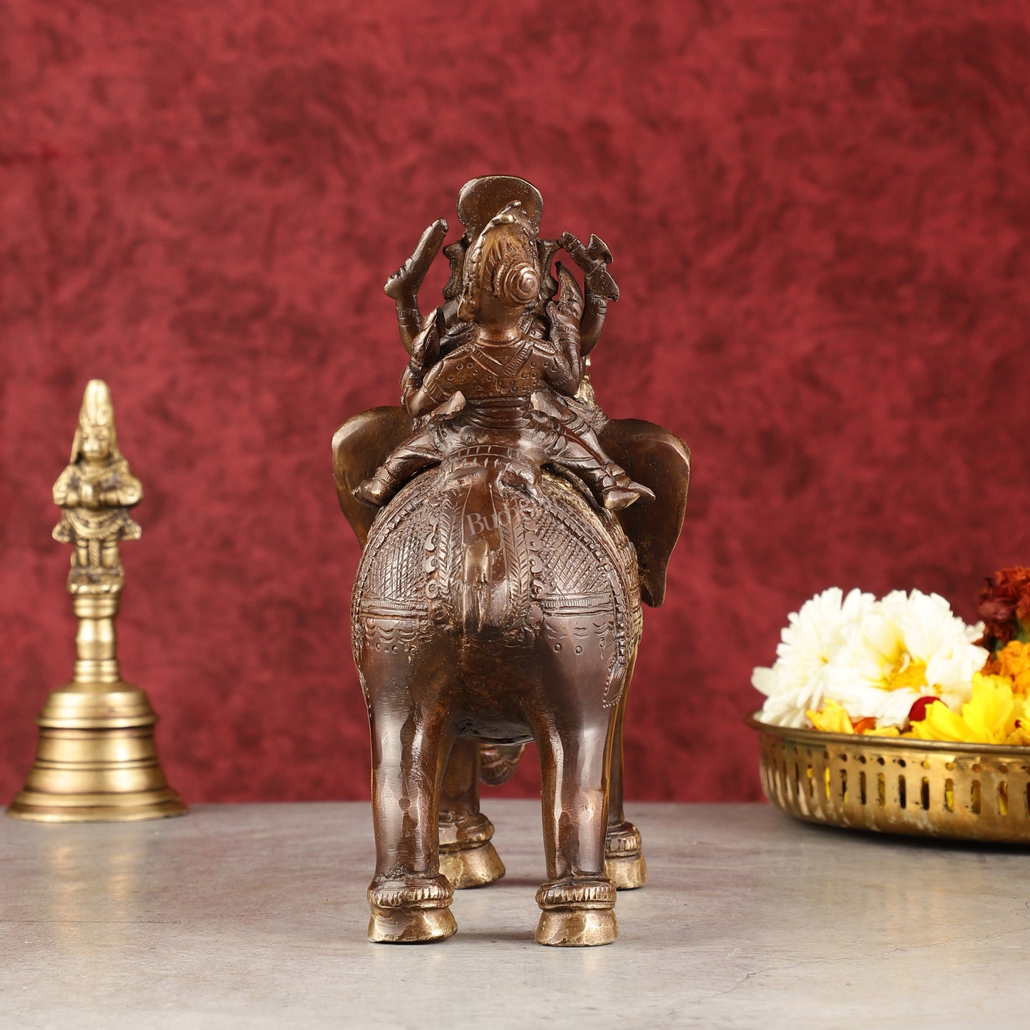 Pure Brass Handcrafted Ganesha with Riddhi Siddhi on Elephant Statue - 7.5" antique brown