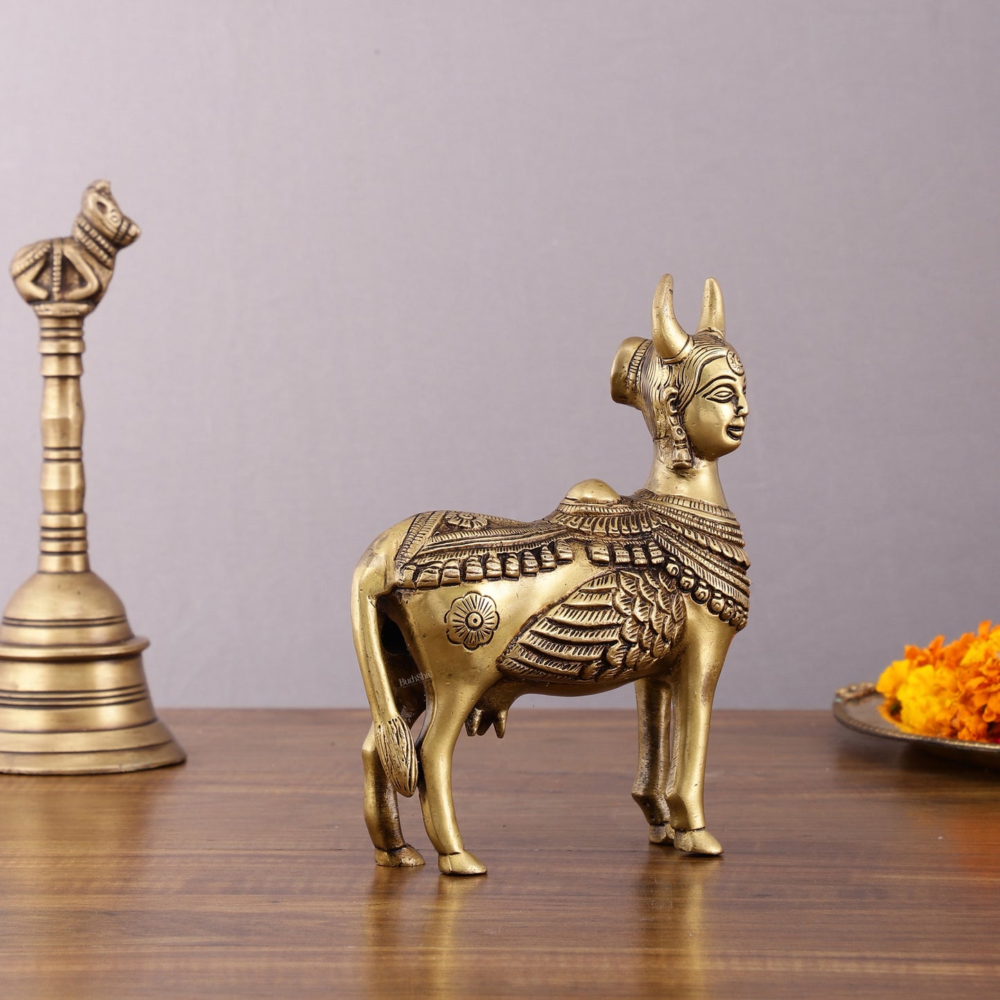 Pure Brass Kamdhenu Cow with Wings & Goddess Face – 6x6x2.5 Inch