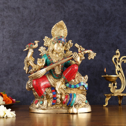 Saraswati brass idol 11 inches multicolour