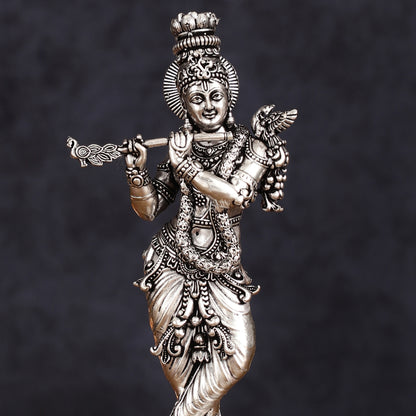 Intricate Silver plated Pure Brass Lord Krishna Statue - 7.5"