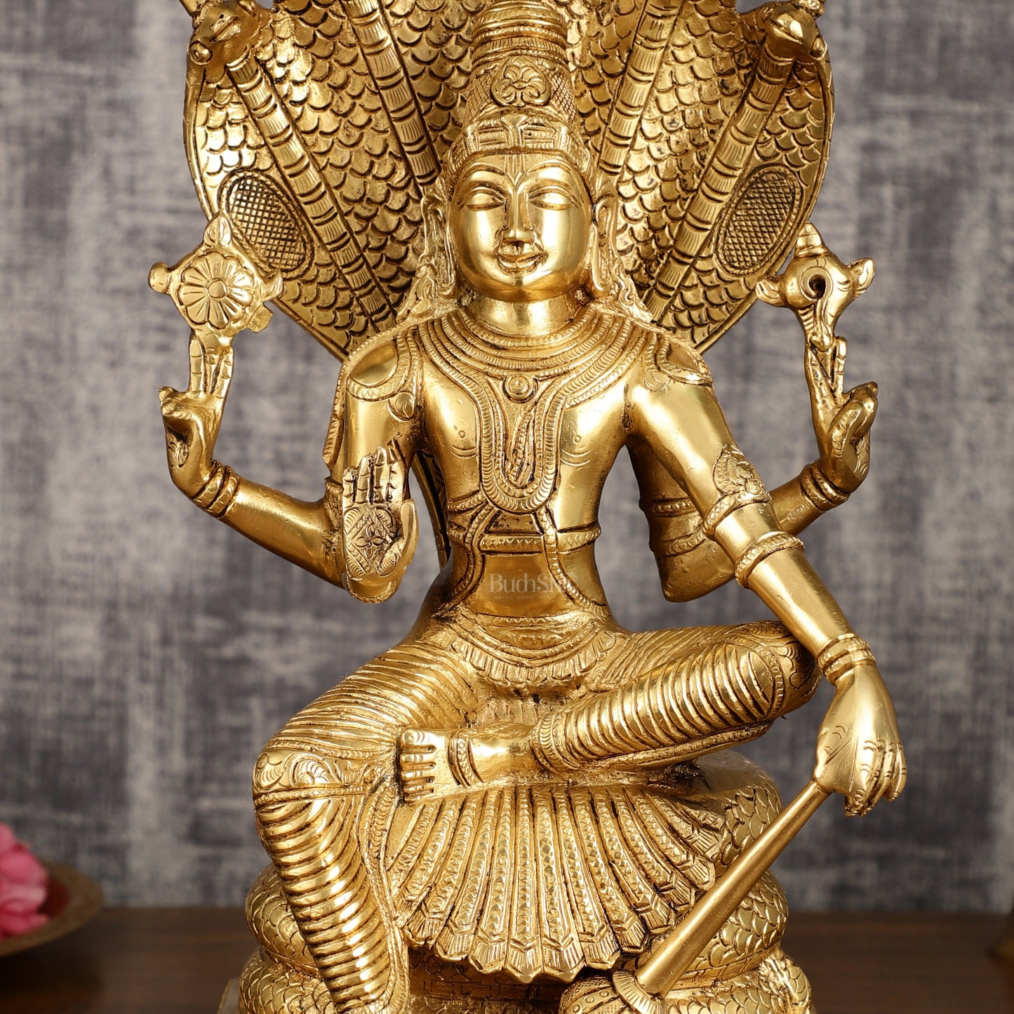 Pure Brass Lord Vishnu Sitting Under Sheshanaaga Throne | 11 Inch