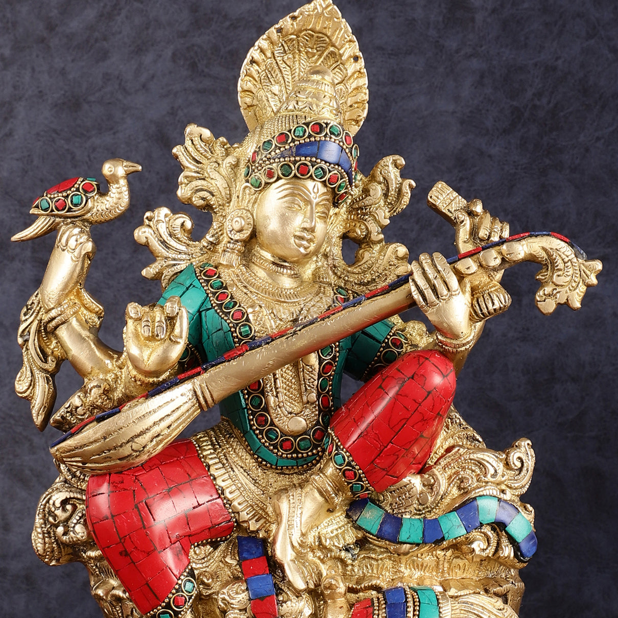 Saraswati brass idol 11 inches multicolour