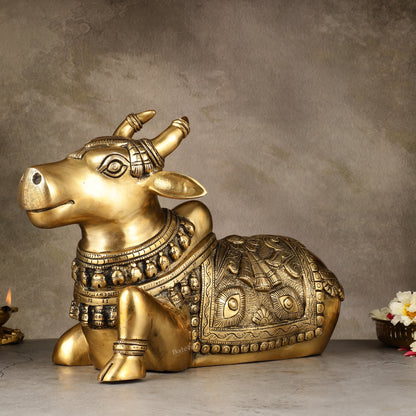 Pure Brass Superfine Nandi Statue with Enhanced Carvings - 16"