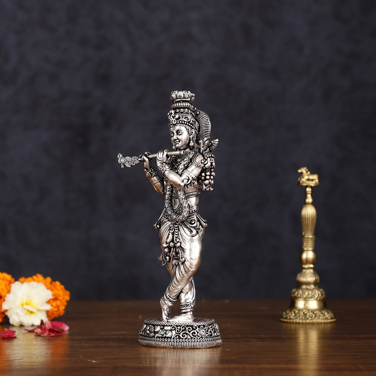 Intricate Silver plated Pure Brass Lord Krishna Statue - 7.5"