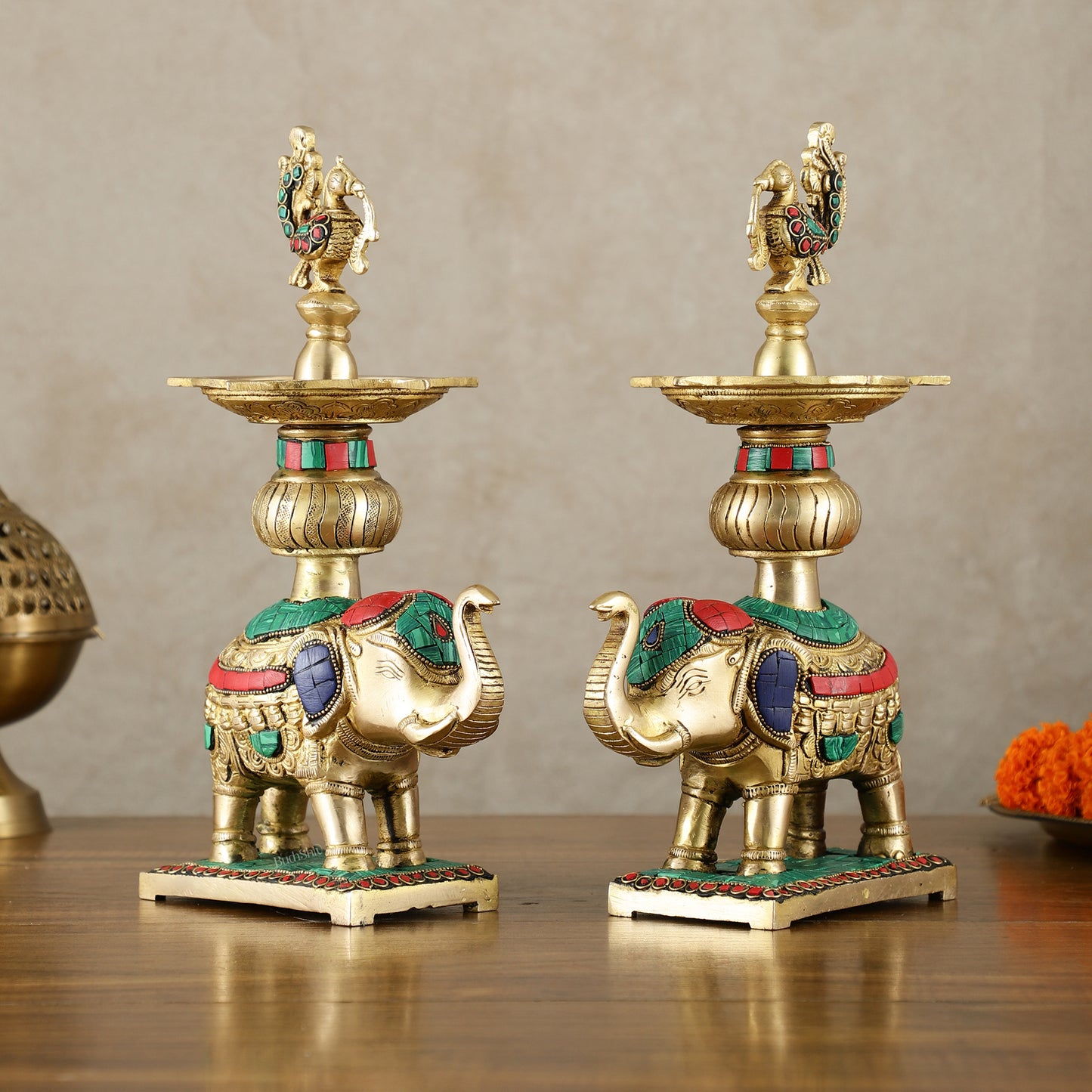 Brass Superfine Elephants pair with peacock lamps 11" meenakari