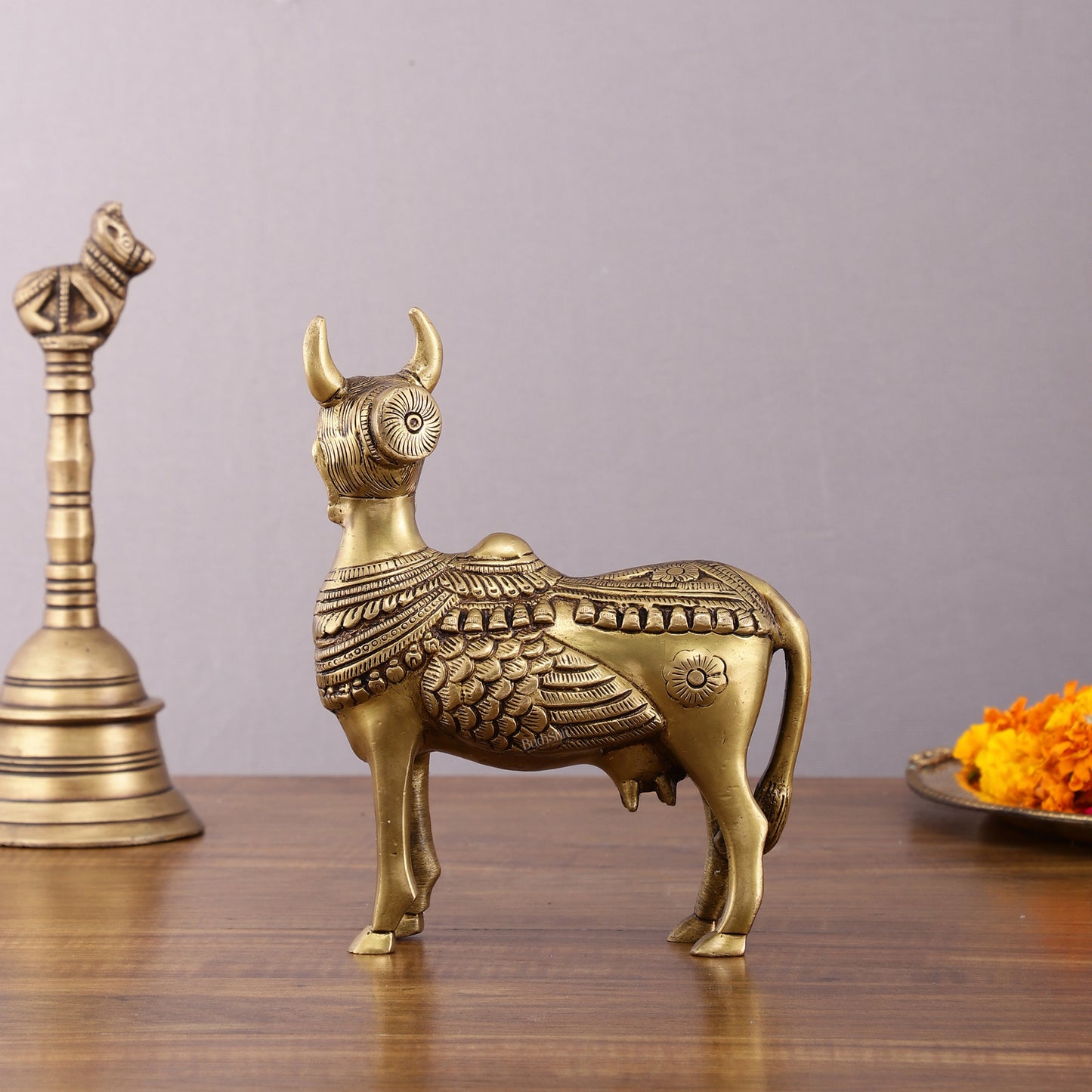 Pure Brass Kamdhenu Cow with Wings & Goddess Face – 6x6x2.5 Inch