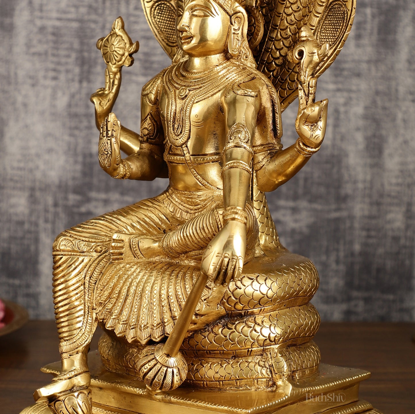 Pure Brass Lord Vishnu Sitting Under Sheshanaaga Throne | 11 Inch