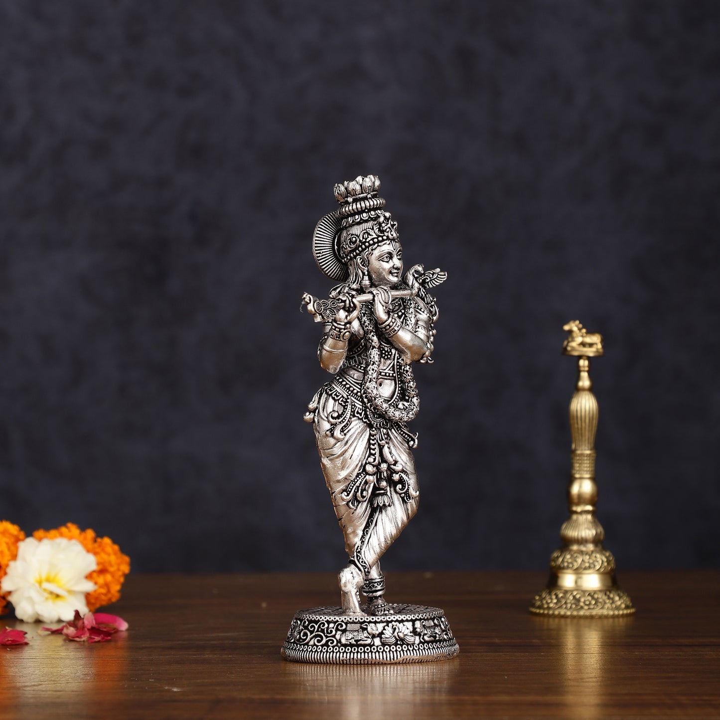 Intricate Silver plated Pure Brass Lord Krishna Statue - 7.5"