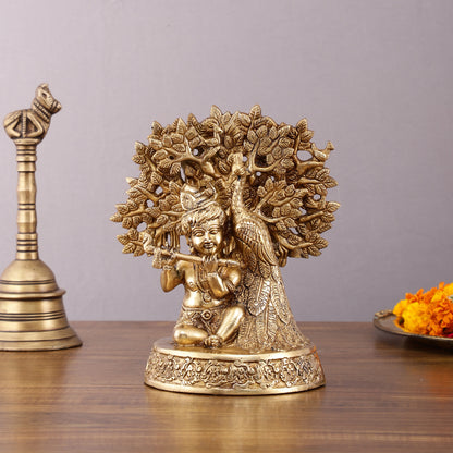 Pure Brass Baal Gopal Krishna Playing Flute Under Tree with Peacock - Unique Idol