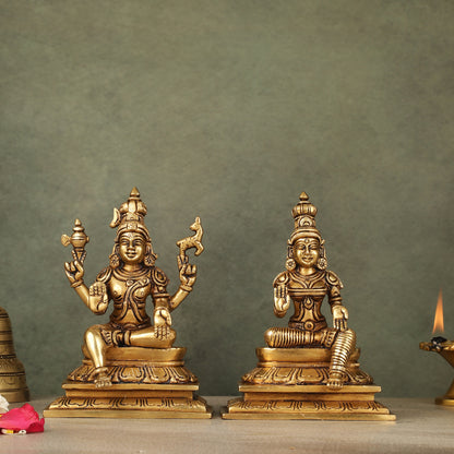 Brass Lord Shiva and Goddess Parvati Sitting Idols - 6.5 inch