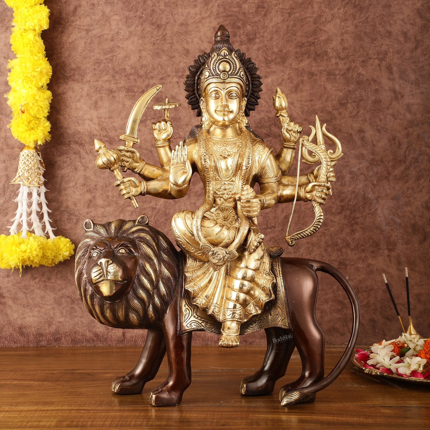 Pure Brass Ashtabhuja Goddess Durga Sitting on Lion - Dual Tone - 17" Tall