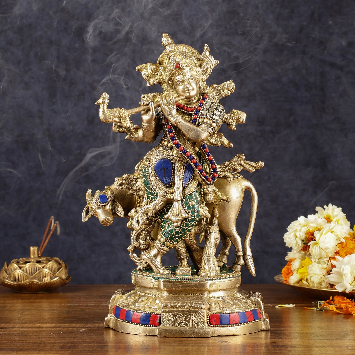 Multicolored Brass Krishna with Cow Idol | 12" with stonework