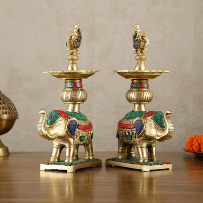 Brass Superfine Elephants pair with peacock lamps 11" meenakari