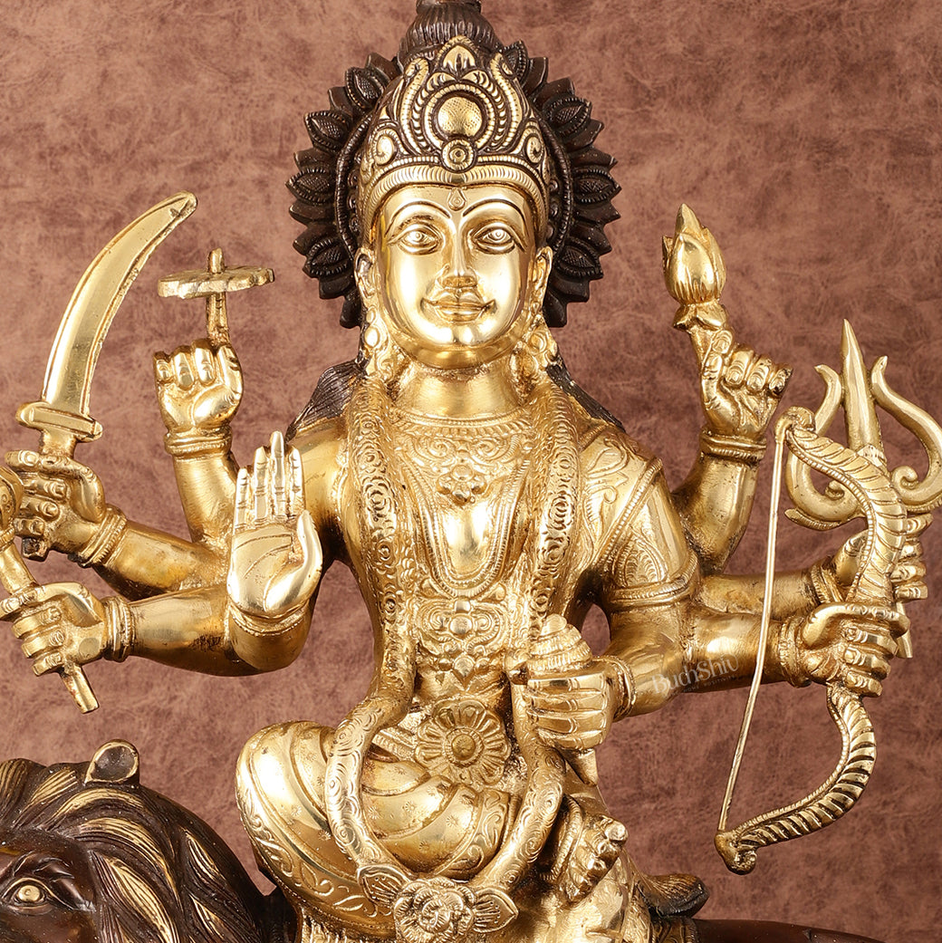 Pure Brass Ashtabhuja Goddess Durga Sitting on Lion - Dual Tone - 17" Tall