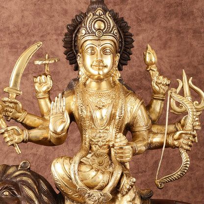 Pure Brass Ashtabhuja Goddess Durga Sitting on Lion - Dual Tone - 17" Tall