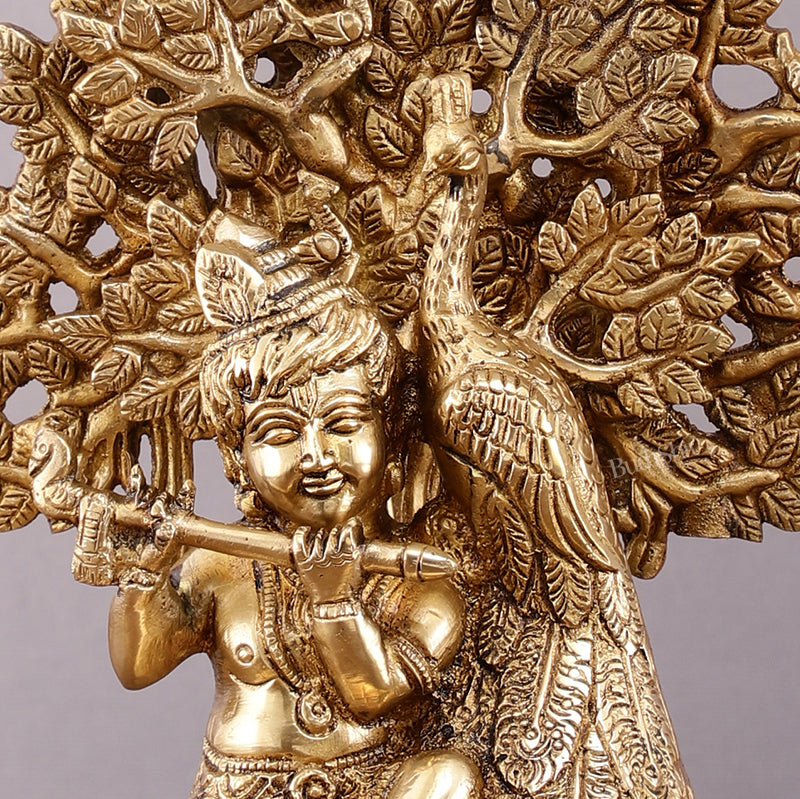 Pure Brass Baal Gopal Krishna Playing Flute Under Tree with Peacock - Unique Idol