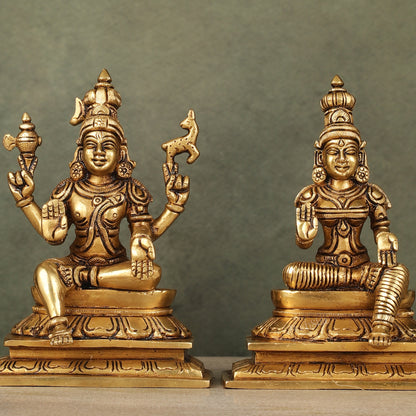 Brass Lord Shiva and Goddess Parvati Sitting Idols - 6.5 inch