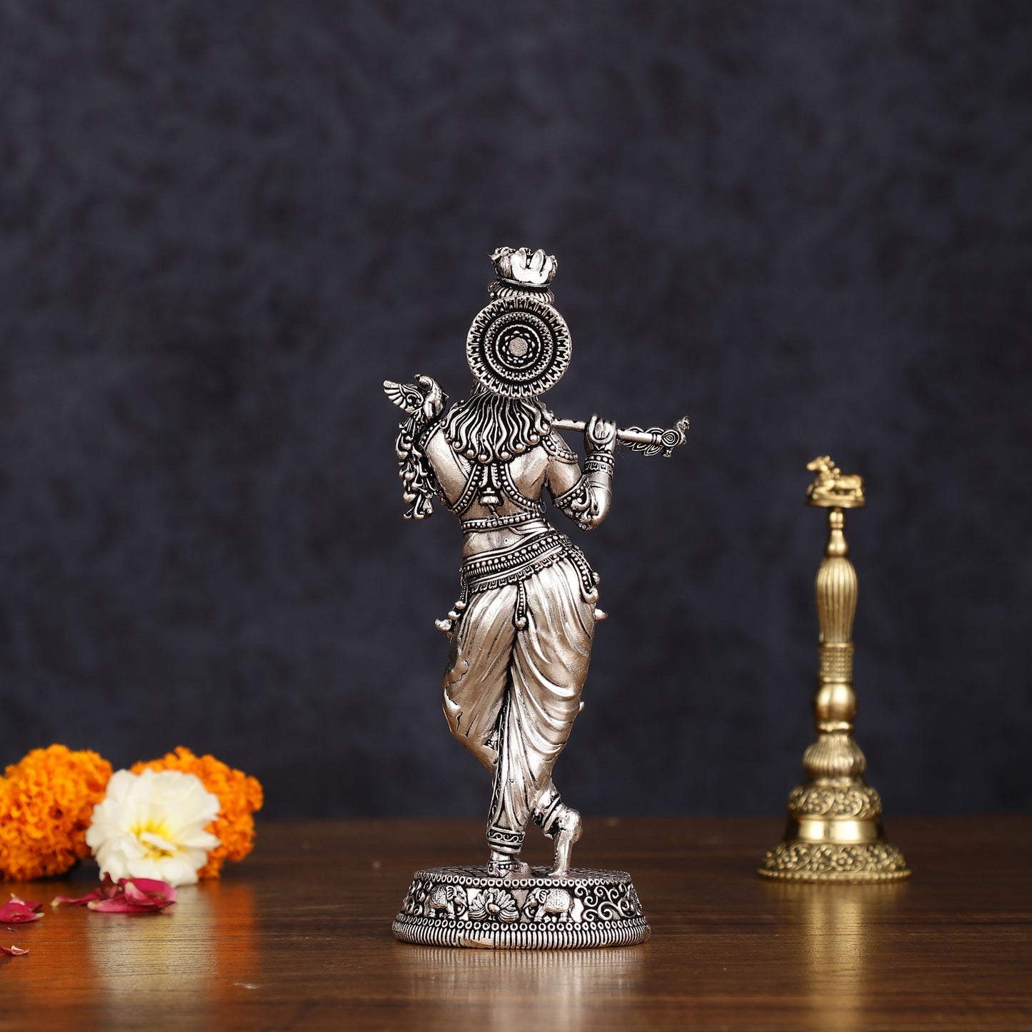 Intricate Silver plated Pure Brass Lord Krishna Statue - 7.5"