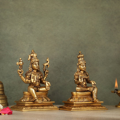 Brass Lord Shiva and Goddess Parvati Sitting Idols - 6.5 inch