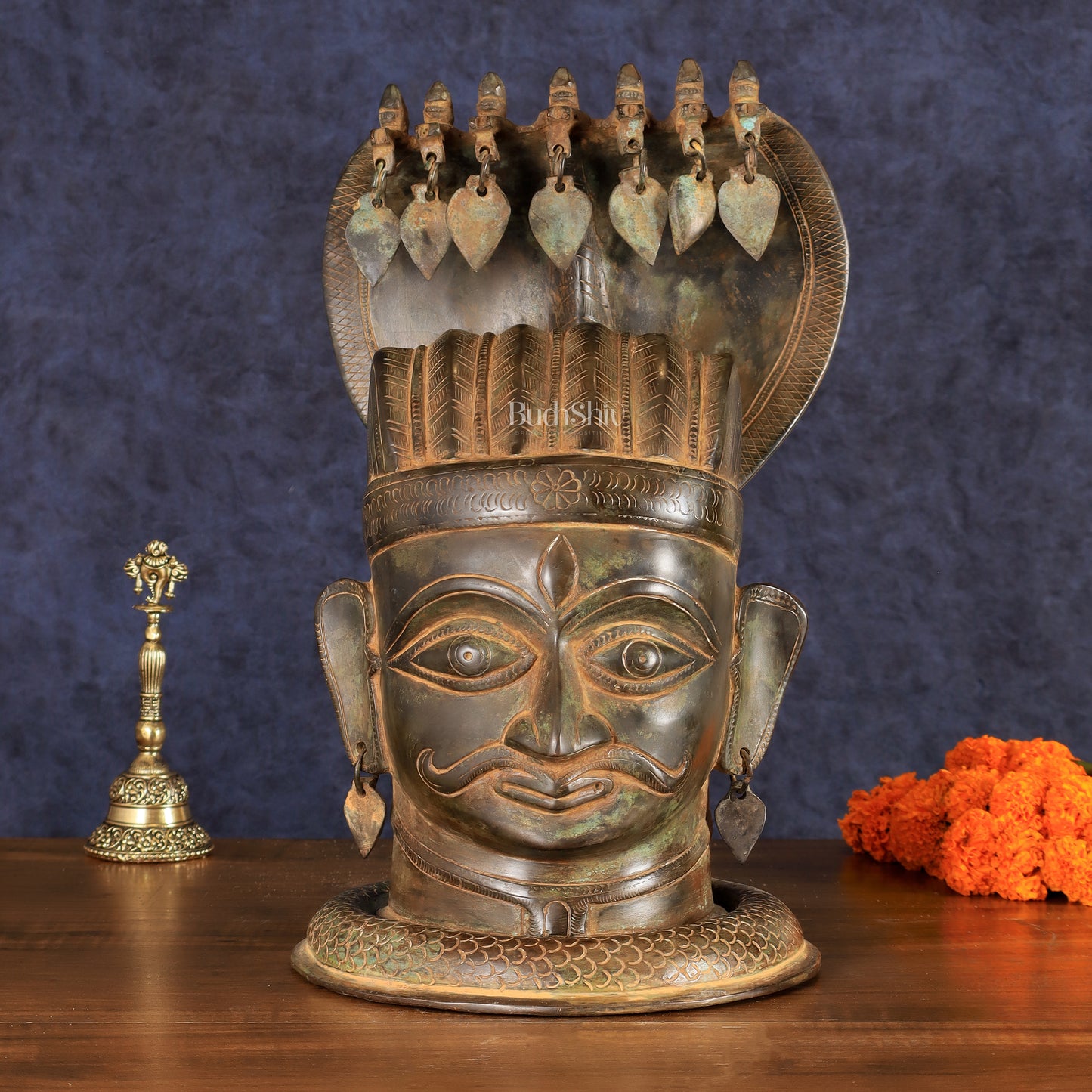 Vintage Brass Shiva with Mukhalingam and Naga Aura Statue – 13" Height