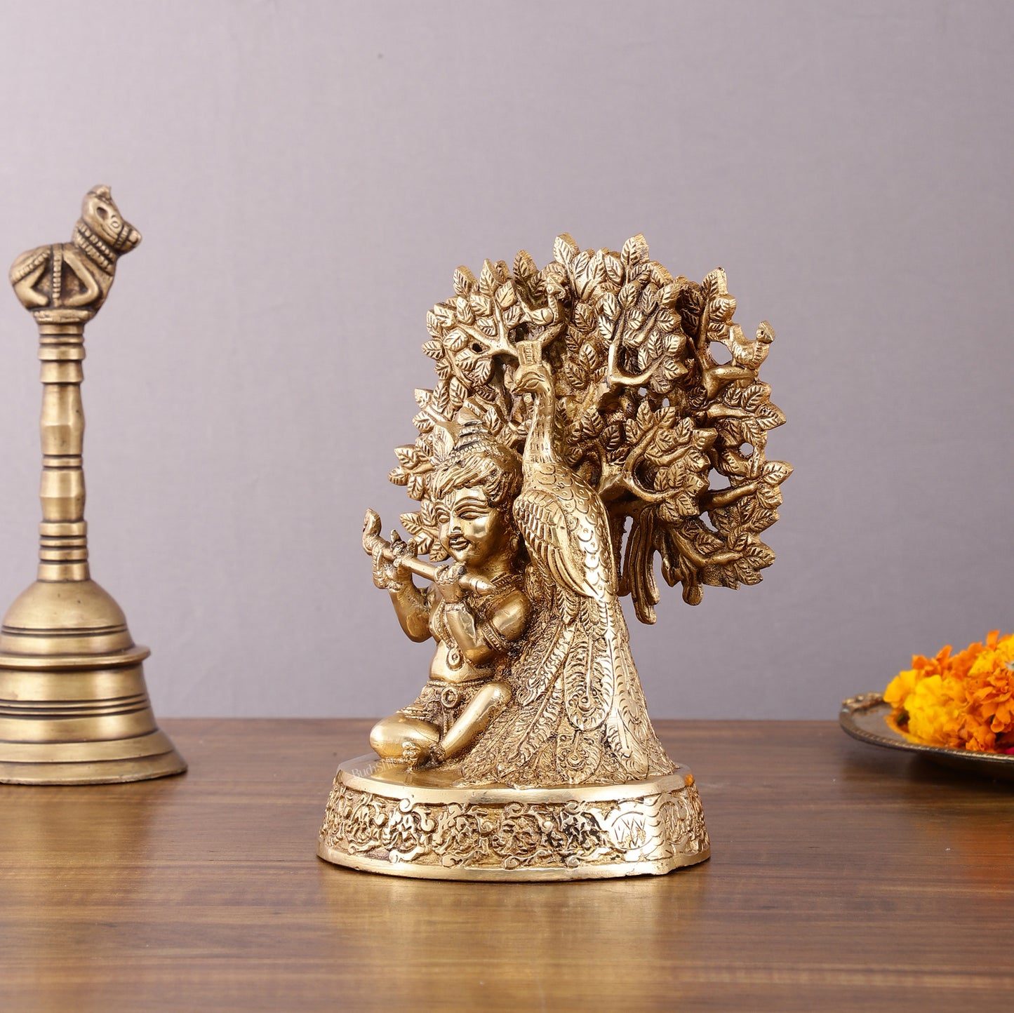 Pure Brass Baal Gopal Krishna Playing Flute Under Tree with Peacock - Unique Idol