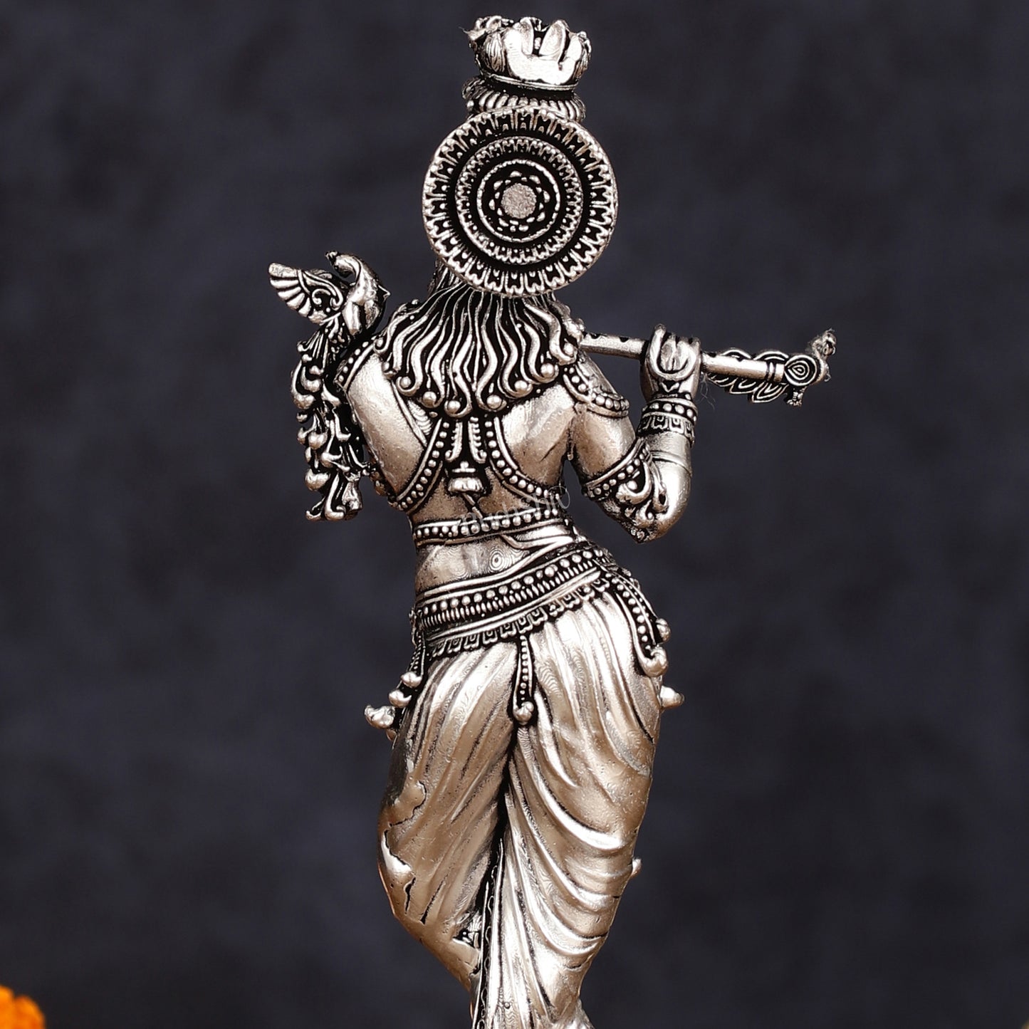 Intricate Silver plated Pure Brass Lord Krishna Statue - 7.5"