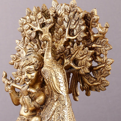 Pure Brass Baal Gopal Krishna Playing Flute Under Tree with Peacock - Unique Idol