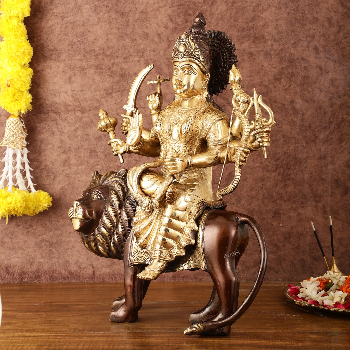 Pure Brass Ashtabhuja Goddess Durga Sitting on Lion - Dual Tone - 17" Tall