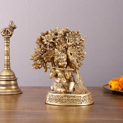 Pure Brass Baal Gopal Krishna Playing Flute Under Tree with Peacock - Unique Idol