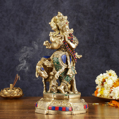 Multicolored Brass Krishna with Cow Idol | 12" with stonework