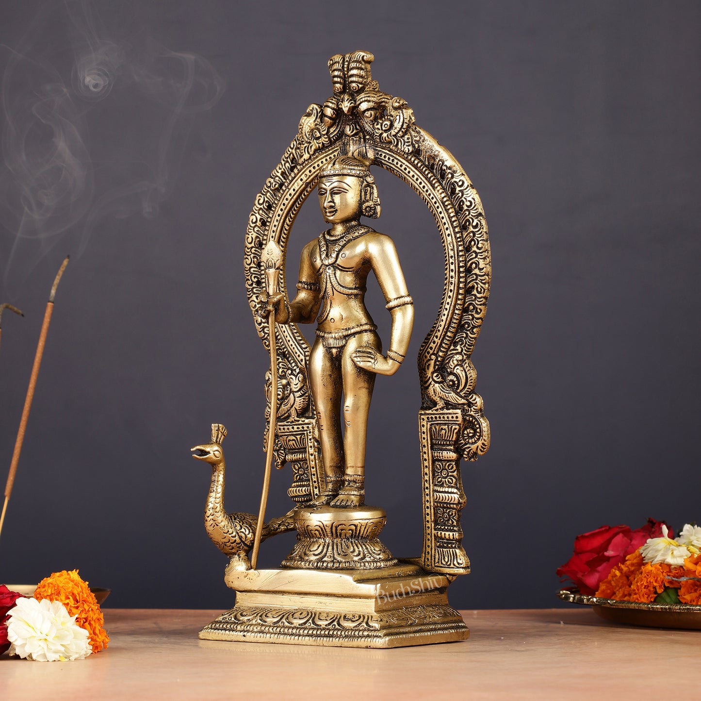 Brass Lord Murugan Kartikeya with Frame Idol - 9.5"