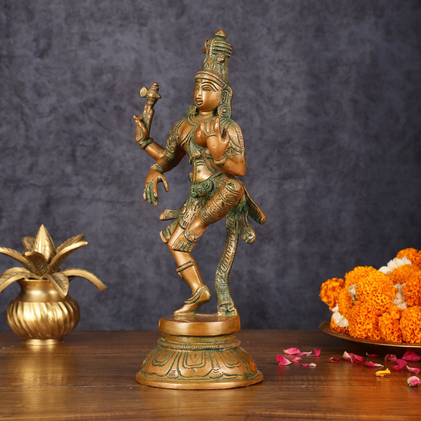 Handcrafted Brass Ardhanarishvara Statue - 12" Antique Bronze Finish