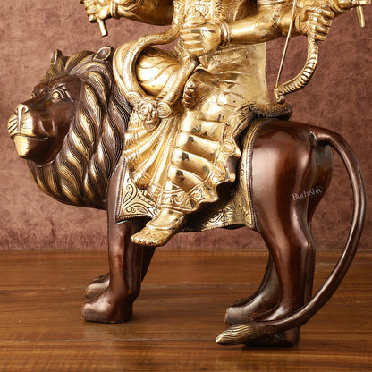 Pure Brass Ashtabhuja Goddess Durga Sitting on Lion - Dual Tone - 17" Tall