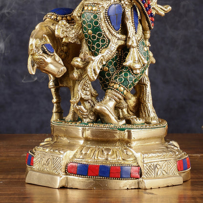 Multicolored Brass Krishna with Cow Idol | 12" with stonework