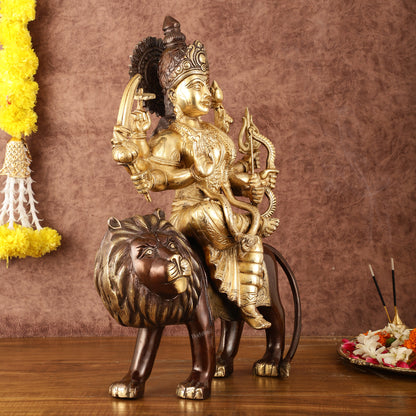 Pure Brass Ashtabhuja Goddess Durga Sitting on Lion - Dual Tone - 17" Tall