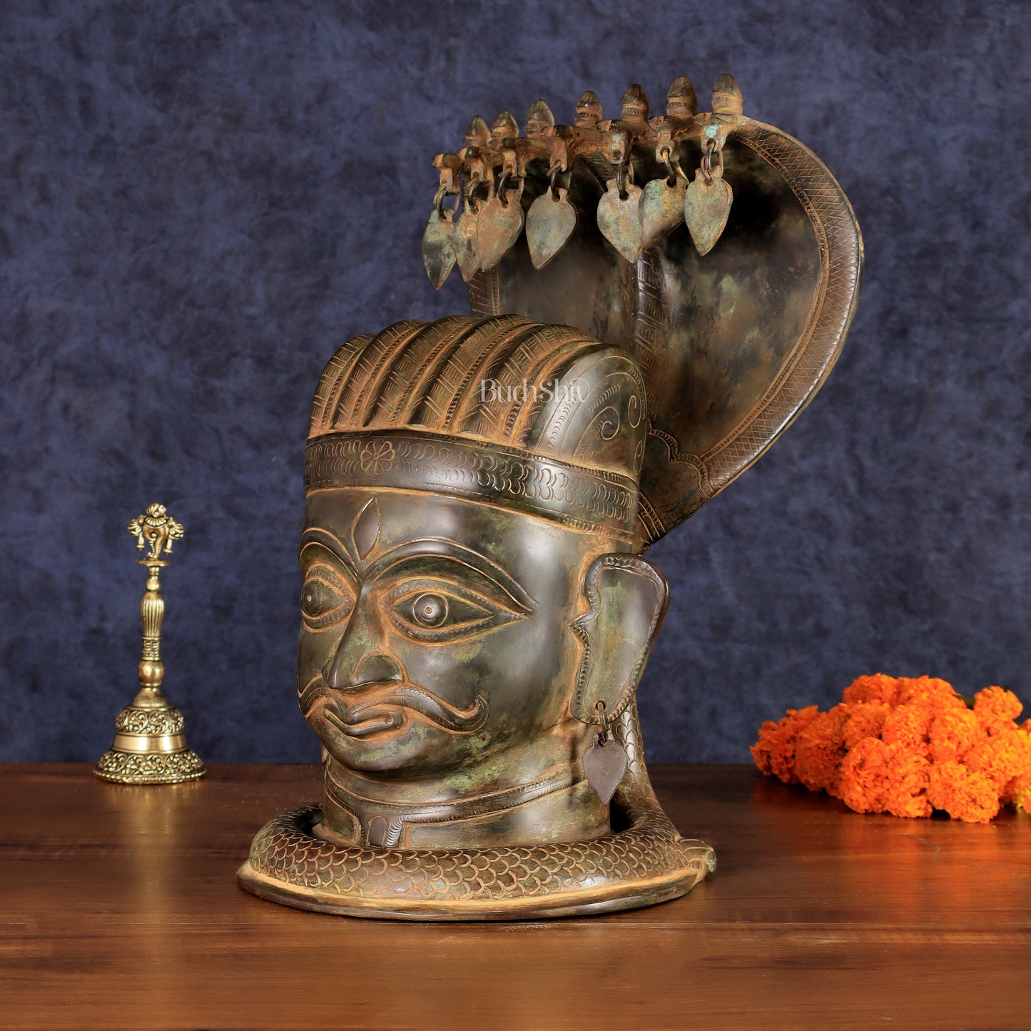 Vintage Brass Shiva with Mukhalingam and Naga Aura Statue – 13" Height