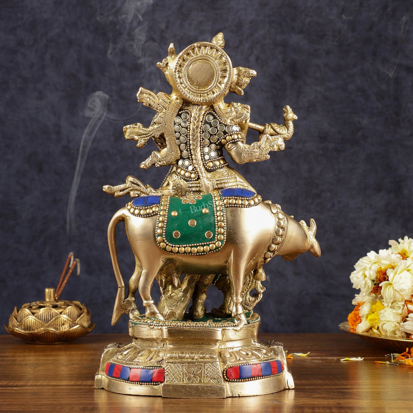 Multicolored Brass Krishna with Cow Idol | 12" with stonework