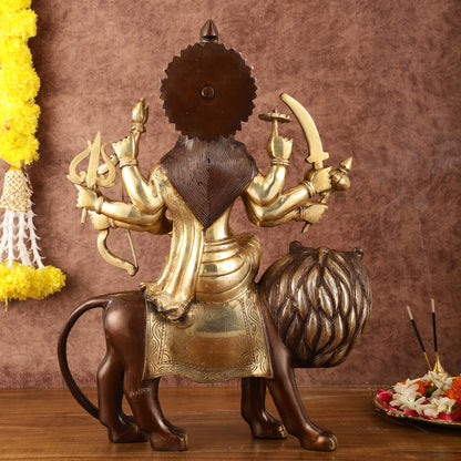 Pure Brass Ashtabhuja Goddess Durga Sitting on Lion - Dual Tone - 17" Tall