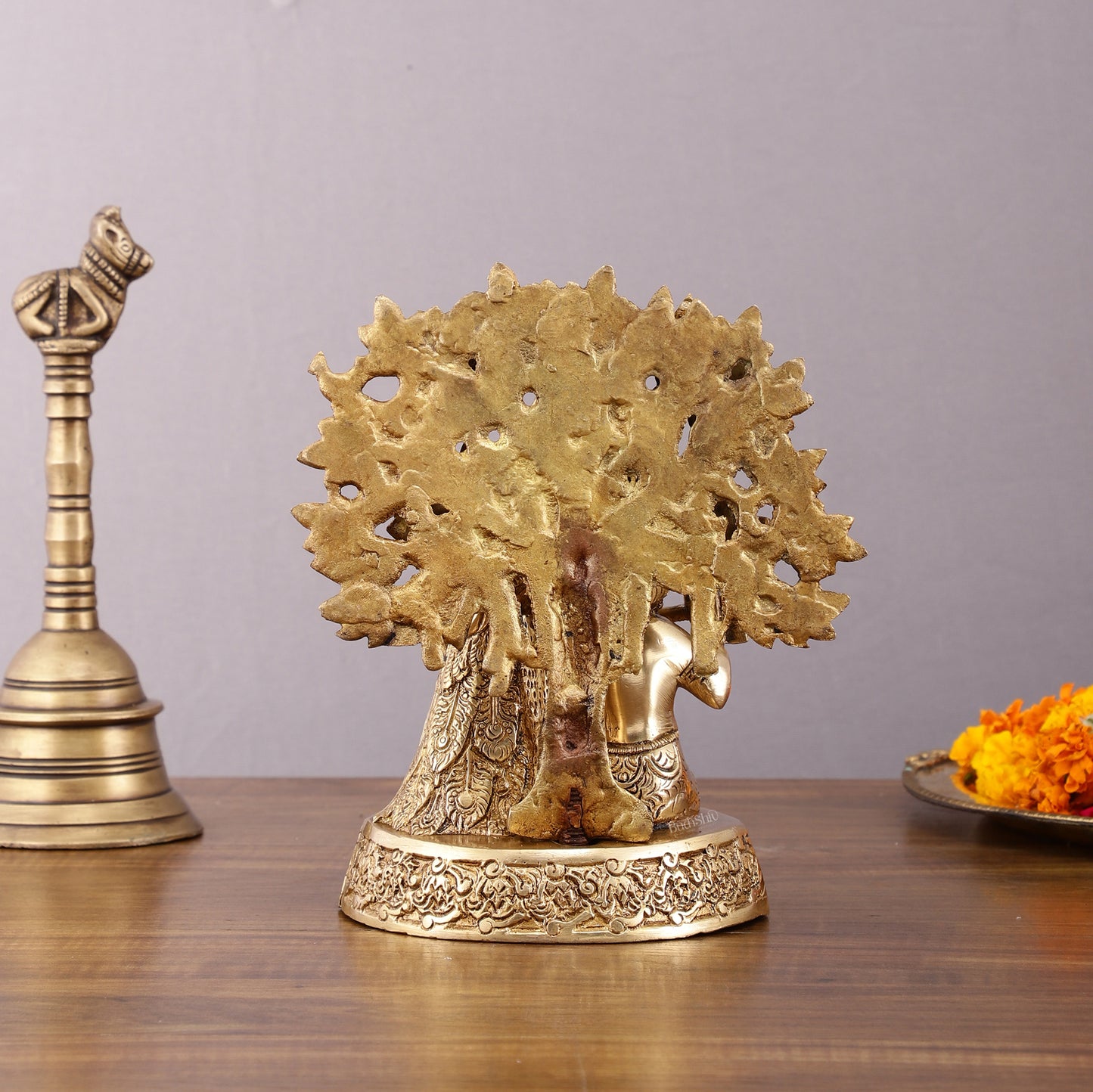 Pure Brass Baal Gopal Krishna Playing Flute Under Tree with Peacock - Unique Idol