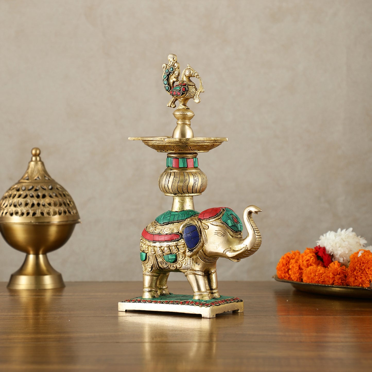 Brass Superfine Elephant with peacock lamp 11" meenakari single