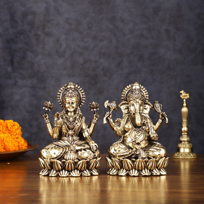 Pure Brass Intricate Ganesha Lakshmi Idols - Superfine Lightweight - 5 inch