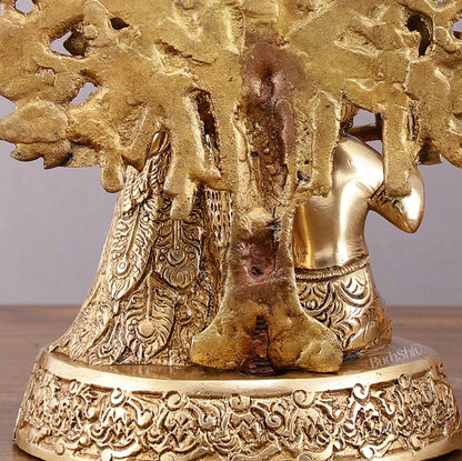 Pure Brass Baal Gopal Krishna Playing Flute Under Tree with Peacock - Unique Idol